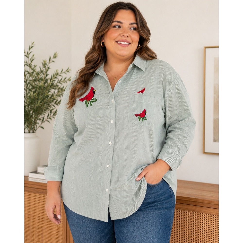 Las Olas Button Front Shirt Womens 1X Green Pinstripe Embroidered Cardinal Bird